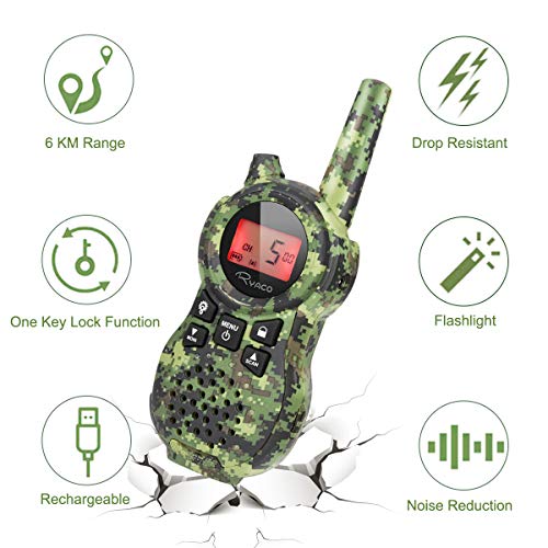 Ryaco Walkie Talkies Infantil Set de 2 Piezas Juguetes para Niños y Niñas 8 Canales de Radio Bidireccionales Largo Alcance de 3km con Linterna LED para Senderismo y Camping