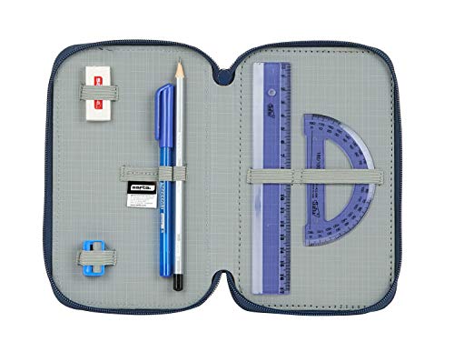 safta 442029857 Estuche Triple Escolar con 36 Útiles Incluidos Blue Vibes, 125x55x195mm, Azul