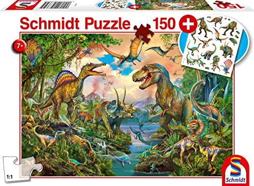 Schmidt Spiele- Dinos Salvajes, Incluye Tatuajes de Dinosaurios, Puzzle para niños, 150 Piezas, Color carbón (56332)