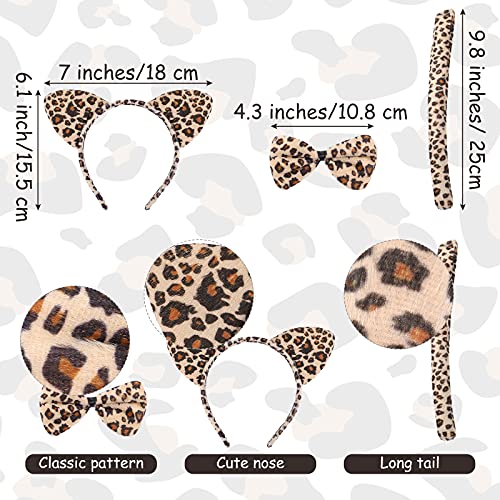 Set de Disfraz Cosplay de Orejas de Gato Gatito Estampada de Leopardo Niño Halloween, Diadema de Orejas Gato Cola Blanca Cuello de Pajarita Falda Tutú Color Café Accesorio Disfraz Halloween