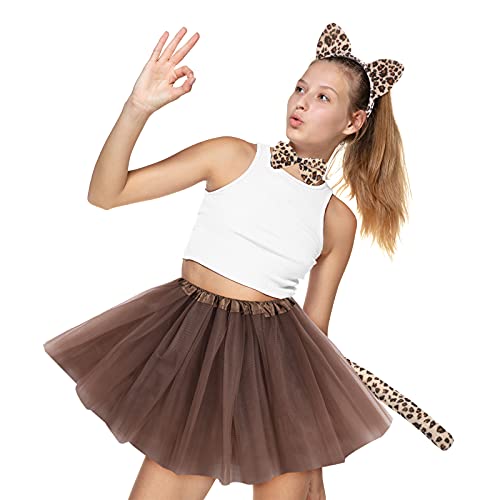 Set de Disfraz Cosplay de Orejas de Gato Gatito Estampada de Leopardo Niño Halloween, Diadema de Orejas Gato Cola Blanca Cuello de Pajarita Falda Tutú Color Café Accesorio Disfraz Halloween