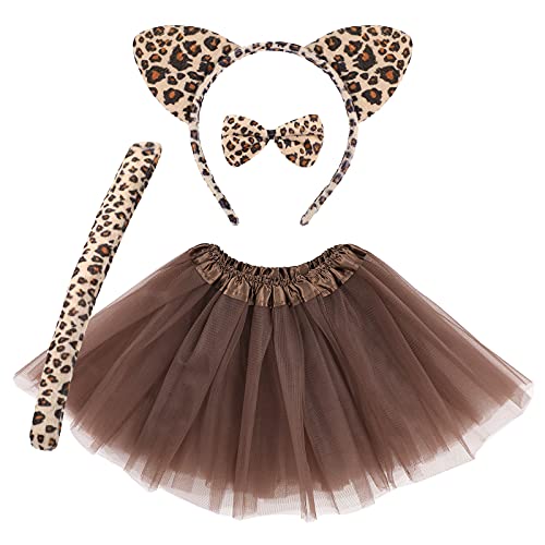 Set de Disfraz Cosplay de Orejas de Gato Gatito Estampada de Leopardo Niño Halloween, Diadema de Orejas Gato Cola Blanca Cuello de Pajarita Falda Tutú Color Café Accesorio Disfraz Halloween