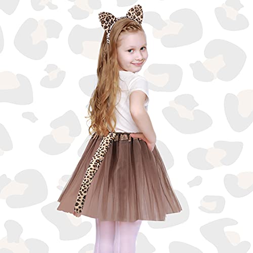 Set de Disfraz Cosplay de Orejas de Gato Gatito Estampada de Leopardo Niño Halloween, Diadema de Orejas Gato Cola Blanca Cuello de Pajarita Falda Tutú Color Café Accesorio Disfraz Halloween