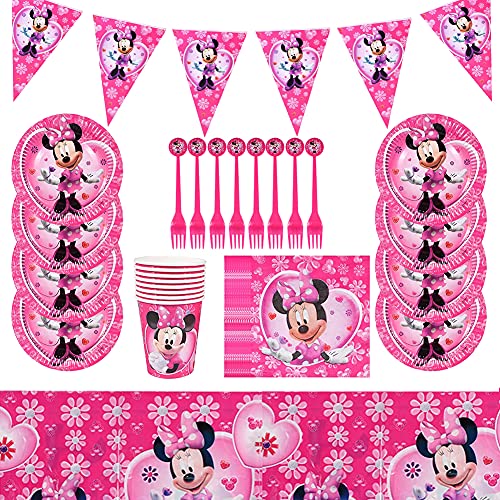 Set de Fiesta de Cumpleaños de Minnie, Party Vajilla 42 Piezas Minnie Artículos de Fiesta Party Vajilla Platos Tazas Servilletas Mantel, Decoraciones Suministros Fiestas Regalos Tema