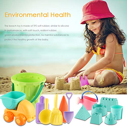 SHANNA Juguete de Playa Niños,Juegos Playa Bebes Set de Juguetes de Arena para Playa al Aire Libre con Coche Cangilón Moldes de Castillo y Bolsa de Malla de Material plástico Blando (14 Piezas)