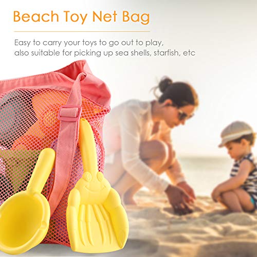 SHANNA Juguete de Playa Niños,Juegos Playa Bebes Set de Juguetes de Arena para Playa al Aire Libre con Coche Cangilón Moldes de Castillo y Bolsa de Malla de Material plástico Blando (14 Piezas)