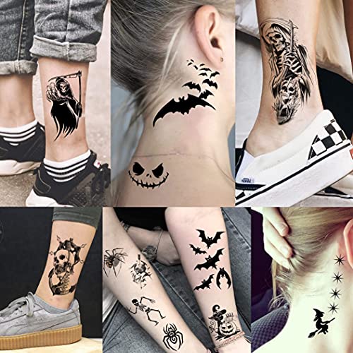 Shegazzi 52 Hojas Halloween Tatuajes Temporales Adultos Mujer Hombre Realista Aterrador Cráneo Fantasma Zombi Vampiro Esqueleto Tatuajes Falsos Niños Niñas Brazo Mano Cara Cuello Tatuajes Adhesivos 3D