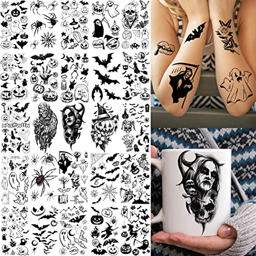 Shegazzi 52 Hojas Halloween Tatuajes Temporales Adultos Mujer Hombre Realista Aterrador Cráneo Fantasma Zombi Vampiro Esqueleto Tatuajes Falsos Niños Niñas Brazo Mano Cara Cuello Tatuajes Adhesivos 3D