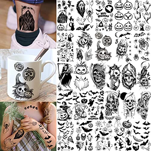 Shegazzi 52 Hojas Halloween Tatuajes Temporales Adultos Mujer Hombre Realista Aterrador Cráneo Fantasma Zombi Vampiro Esqueleto Tatuajes Falsos Niños Niñas Brazo Mano Cara Cuello Tatuajes Adhesivos 3D