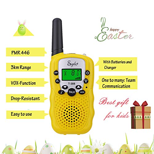 Sigdio T-388 Walkie Talkie Niños PMR 446 Walky Talky con Batería Recargable y Cargador Walki Talki Función VOX 8 Canales 0,5 W pantalla LCD Walkie Talkie Recargable Niños (Amarillo, 8 Batería)