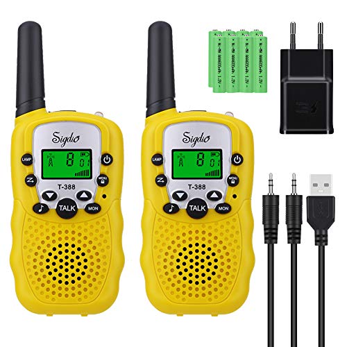 Sigdio T-388 Walkie Talkie Niños PMR 446 Walky Talky con Batería Recargable y Cargador Walki Talki Función VOX 8 Canales 0,5 W pantalla LCD Walkie Talkie Recargable Niños (Amarillo, 8 Batería)