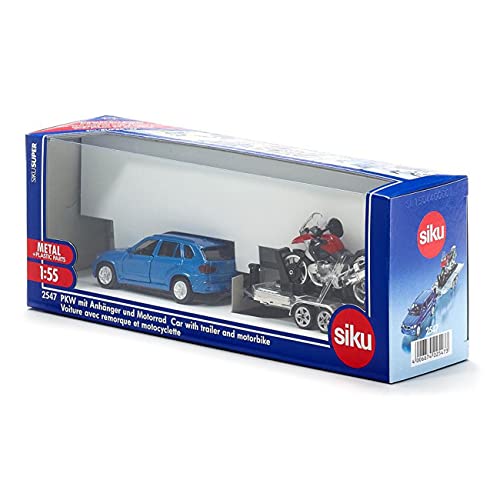 siku 2547 Coche con remolque y moto, 1:55, Metal/Plástico, Azul/Rojo, Zona de carga inclinable