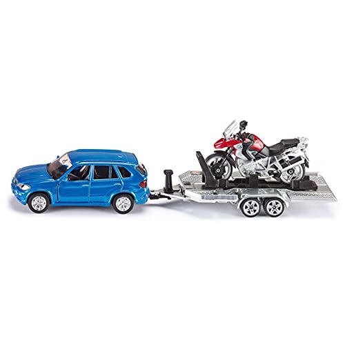 siku 2547 Coche con remolque y moto, 1:55, Metal/Plástico, Azul/Rojo, Zona de carga inclinable