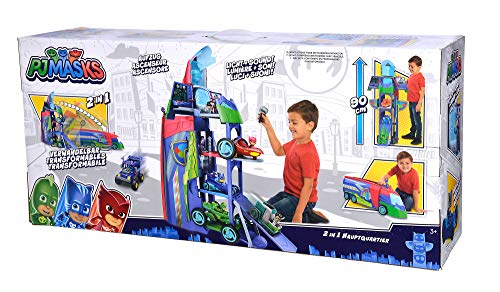 Simba 109402466 PJ Masks - Coche de cuartel Principal Convertible 2 en 1, se transforma con luz y Sonido, a Partir de 3 años