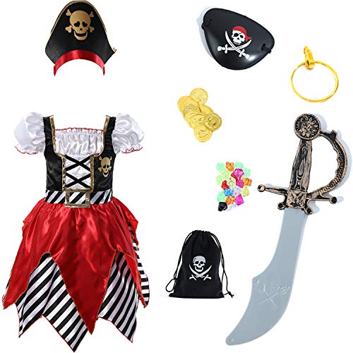 Sincere Party Disfraz de pirata para niñas Pirata Bucanero Princesa Vestido de lujo con espada, bolsa de pirata, parche en el ojo y sombrero 3-4 años