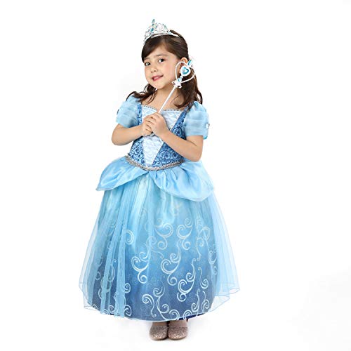 Sincere Party Vestido de lujo de princesa Cenicienta de lujo para niñas con tiara y varita Vestido de fiesta de cumpleaños de 3-4 años