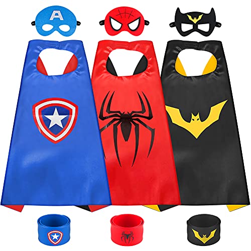 Sinoeem Capa de Superhéroe para Niños - 3 Capa y 3 Máscaras y 3 Slap Pulseras - Ideas Kit de Valor de Cosplay de Diseño de Fiesta de Cumpleaños de Navidad - Juguetes para Niños y Niñas (A)