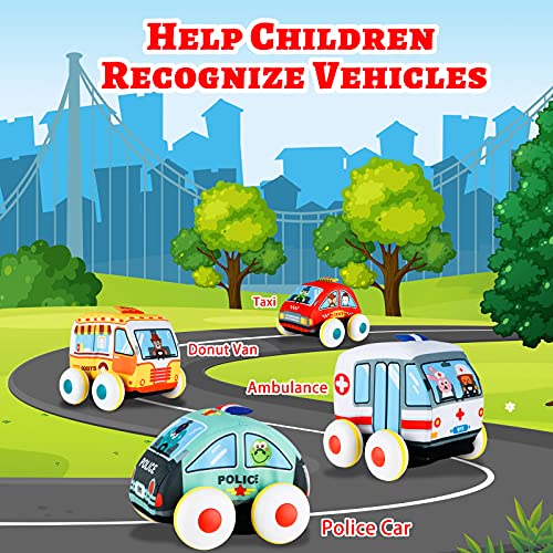 Sirecal Coche de Juguete Friccion Suave 4 Piezas de Vehículos de Juguete para Niños (Ambulancia, Camioneta de Donuts, Coche de Policía, Taxi) Regalos Educativos para Bebé