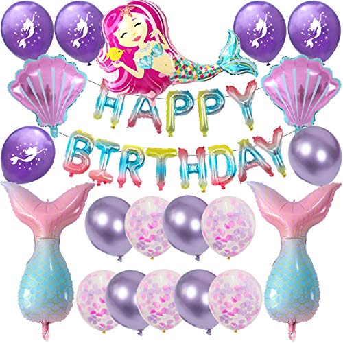 Sirena Decoración de Cumpleaños para Niña, Morado Feliz Cumpleaños Conjunto de Aluminio Globo Látex de Pancartas Sirena Party, Fiesta de la Sirena Kit, Fiesta en Globo Decoración Chica Novia Pequeña