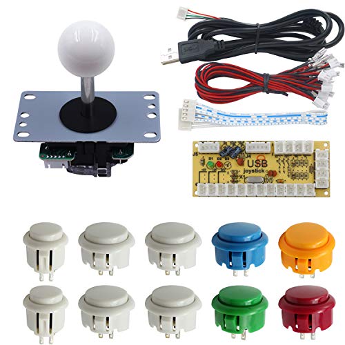 SJJX DIY Arcade Game Button and Joystick Controller Kit for Rapsberry Pi and Windows,5 Pin Joystick and 10 Push Buttons 822a Mix White