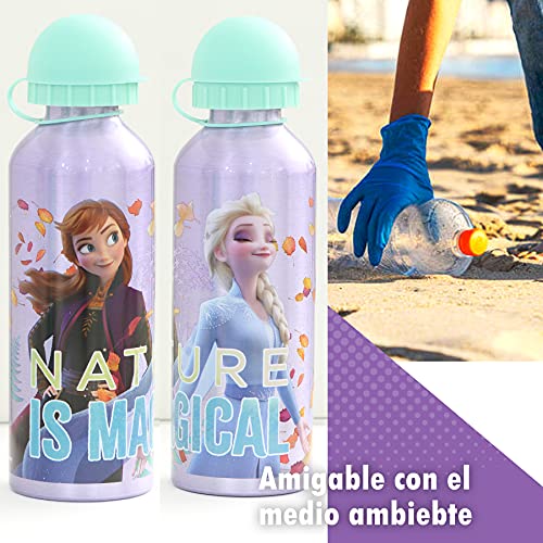 SKYLINE Cantimplora Infantil 500 ML, Frozen, Botella Aluminio para Niñas, Con Tapa Hermética, Sin BPA, Para Llevar a la Escuela, Parque, Deportes etc