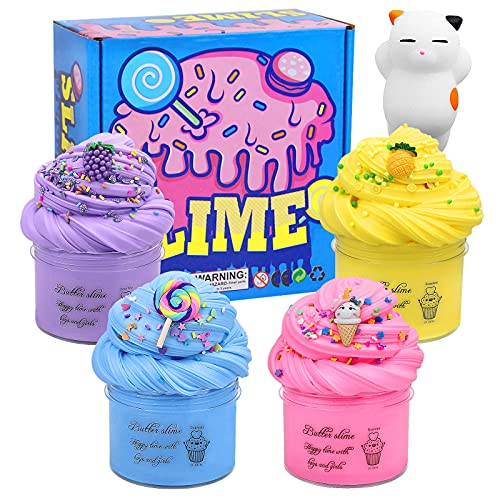 Slime Fluffy Slime Kit 4 Paquetes Kit de Limo de Mantequilla Suave Juguetes para aliviar el estrés para niños Adolescentes Adultos para aliviar el estrés, Ejercicios de Manos y Dedos