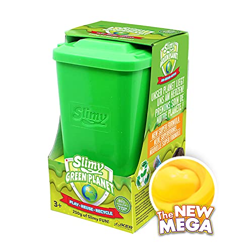 Slimy Green Planet - Masa de juego de 250 g en color verde, original Mega Slimy en cubo de basura biodegradable, para un placer de slime sostenible y respetuoso con el medio ambiente