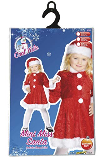 Smiffys- Disfraz de Mini Miss Santa, Rojo, con Vestido y Gorro, Color, M - Edad 7-9 años (Smiffy'S 29181M)