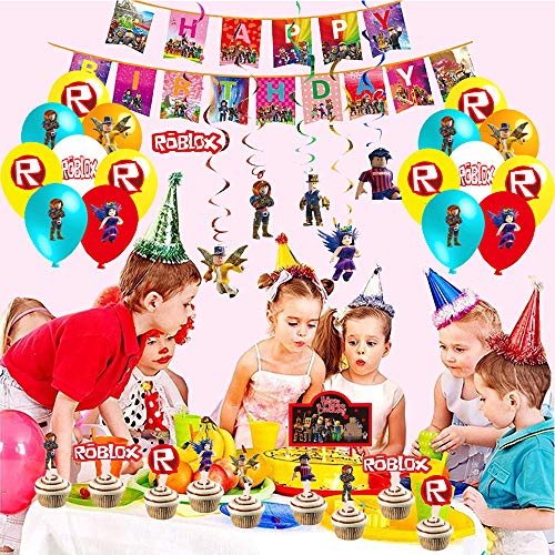 smileh Decoracion Cumpleaños de Roblox Globos Feliz Cumpleaños del Pancarta Tarta Decoracion Colgando Remolinos Decoraciones para Niños Vdeojuegos Cumpleaños Decoración