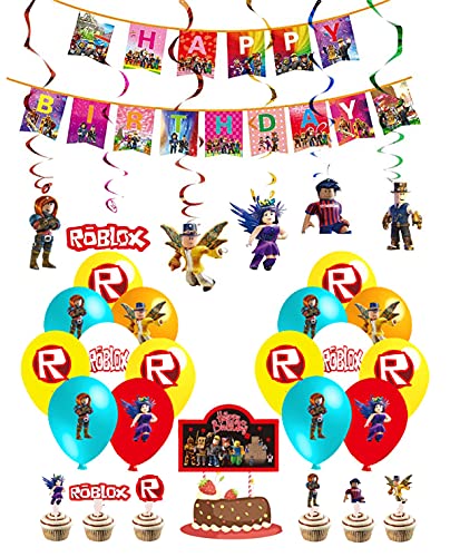 smileh Decoracion Cumpleaños de Roblox Globos Feliz Cumpleaños del Pancarta Tarta Decoracion Colgando Remolinos Decoraciones para Niños Vdeojuegos Cumpleaños Decoración