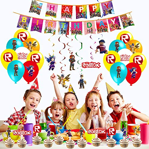 smileh Decoracion Cumpleaños de Roblox Globos Feliz Cumpleaños del Pancarta Tarta Decoracion Colgando Remolinos Decoraciones para Niños Vdeojuegos Cumpleaños Decoración