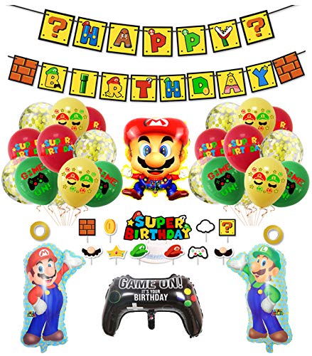 smileh Decoracion Cumpleaños Super Mario Globos de Mario Feliz Cumpleaños del Pancarta Adorno de Torta para Niños Ducha de Bebé Fiesta de Cumpleaños