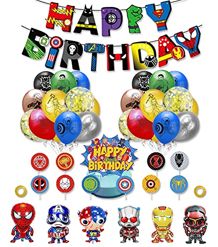 smileh Decoracion Cumpleaños Superhéroes Globos Vengadores Feliz Cumpleaños del Pancarta Adornos de Pastel Globos de Aluminio para Niños Decoraciones de Fiesta Marvel Cumpleaños