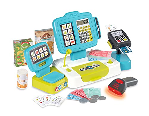 Smoby Caja registradora electrónica Infantil, con función de calculadora Real, 17 Accesorios, Medidas: 39 x 21,5 x 16cm, Adecuado a Partir de 3 Años, Color Azul 350110