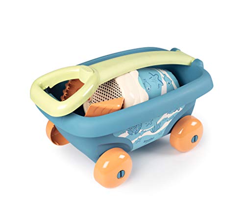 Smoby Green - Carrito para Playa, Incluye Cubo, Pala, Rastrillo, Tamiz y Molde, para Niños a partir de 18 Meses - 44 x 27 x 24 cm; 800 g