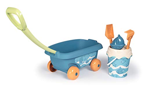 Smoby Green - Carrito para Playa, Incluye Cubo, Pala, Rastrillo, Tamiz y Molde, para Niños a partir de 18 Meses - 44 x 27 x 24 cm; 800 g