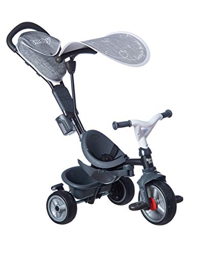 Smoby- Triciclo Baby Driver Confort Plus Gris, Evolutivo, Bastidor Metálico, con Barra de Empuje Parental, A Partir de 10 Meses