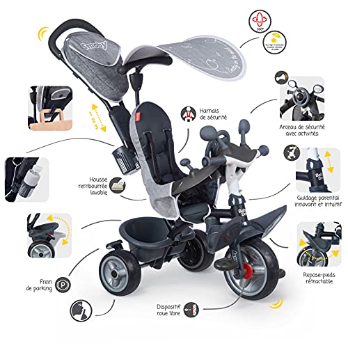 Smoby- Triciclo Baby Driver Confort Plus Gris, Evolutivo, Bastidor Metálico, con Barra de Empuje Parental, A Partir de 10 Meses