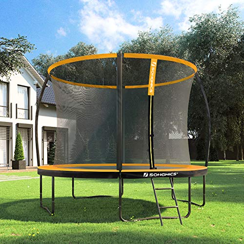 SONGMICS Cama elástica de jardín, Trampolín Redondo de 366 cm, con Red de Seguridad, Escalera, Postes de Arco Acolchado, Prueba de Seguridad TÜV Rheinland, Negro y Naranja STR122O01