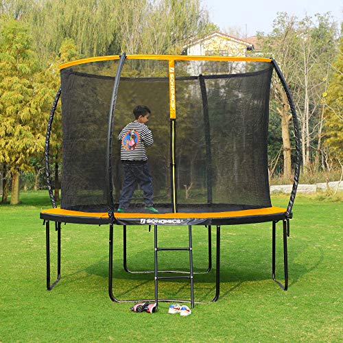 SONGMICS Cama elástica de jardín, Trampolín Redondo de 366 cm, con Red de Seguridad, Escalera, Postes de Arco Acolchado, Prueba de Seguridad TÜV Rheinland, Negro y Naranja STR122O01