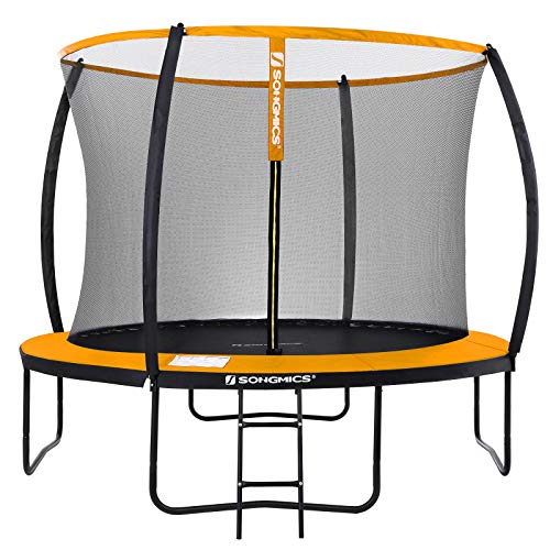 SONGMICS Cama elástica de jardín, Trampolín Redondo de 366 cm, con Red de Seguridad, Escalera, Postes de Arco Acolchado, Prueba de Seguridad TÜV Rheinland, Negro y Naranja STR122O01