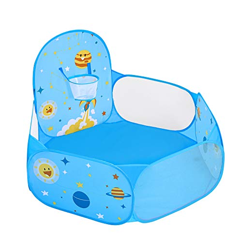 SONGMICS Piscina de Bolas, Tienda de Juego Infantil, Carpa Interior y Exterior con Aro de Baloncesto, Regalo de Juguete para Niños (no Incluye Pelotas), Tema Espacial, Azul LPT66BU