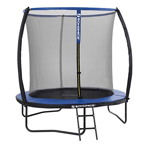 SONGMICS STR8BK - Cama elástica Redonda (244 cm de diámetro, con Red de Seguridad, con Escalera y Barras Acolchadas, Cubierta de Seguridad, Certificado TÜV Rheinland), Color Azul y Negro