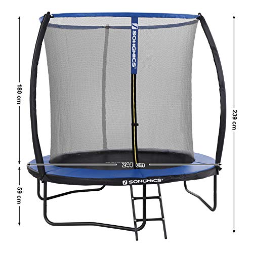 SONGMICS STR8BK - Cama elástica Redonda (244 cm de diámetro, con Red de Seguridad, con Escalera y Barras Acolchadas, Cubierta de Seguridad, Certificado TÜV Rheinland), Color Azul y Negro