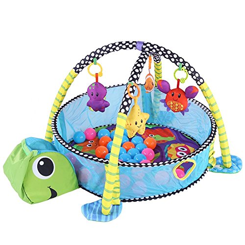 SOULONG Mantita de Juego cantarín 2 en 1, Manta y Gimnasio de Aprendizaje para bebé,Panel extraíble, Multicolor,con Rejilla Protectora Malla Multicolor Pelotas Juguete(Tortuga)