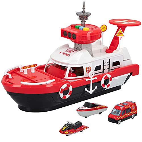 Speed&Go - Barco de bomberos con luces y sonidos, escala 1:64, incluye 3 vehículos, una lancha, una moto de agua y una ambulancia, para niños a partir de 3 años, funciona con pilas (incluidas)(46604)