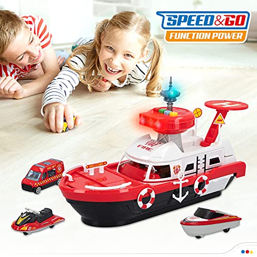 Speed&Go - Barco de bomberos con luces y sonidos, escala 1:64, incluye 3 vehículos, una lancha, una moto de agua y una ambulancia, para niños a partir de 3 años, funciona con pilas (incluidas)(46604)