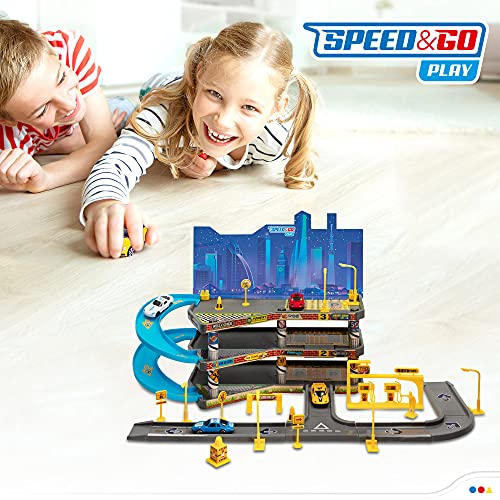 Speed&GO - Parquin de coches juguete, Parking juguete coches, 4 coches metálicos, Rampa coches juguetes, Parking 3 plantas, Para niños a partir de 3 años, Speed & GO (43587)