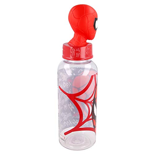 SPIDERMAN | Botella de agua reutlizable para niños y niñas de plástico - diseño infantil con tapón de figurita 3D y capacidad de 560 ML - sin BPA