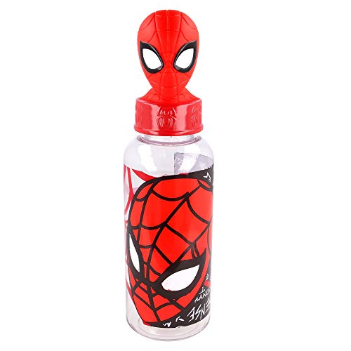 SPIDERMAN | Botella de agua reutlizable para niños y niñas de plástico - diseño infantil con tapón de figurita 3D y capacidad de 560 ML - sin BPA